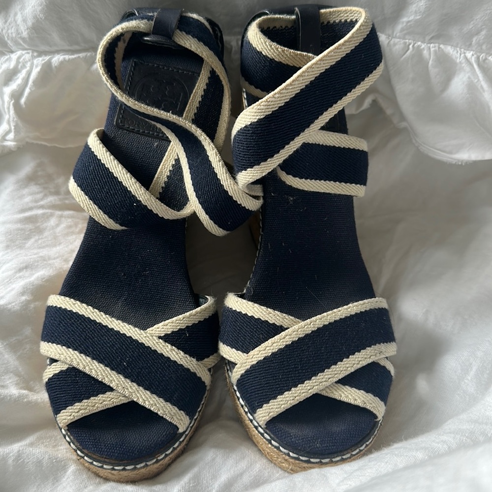 Tory Burch wedges in navy and off-white